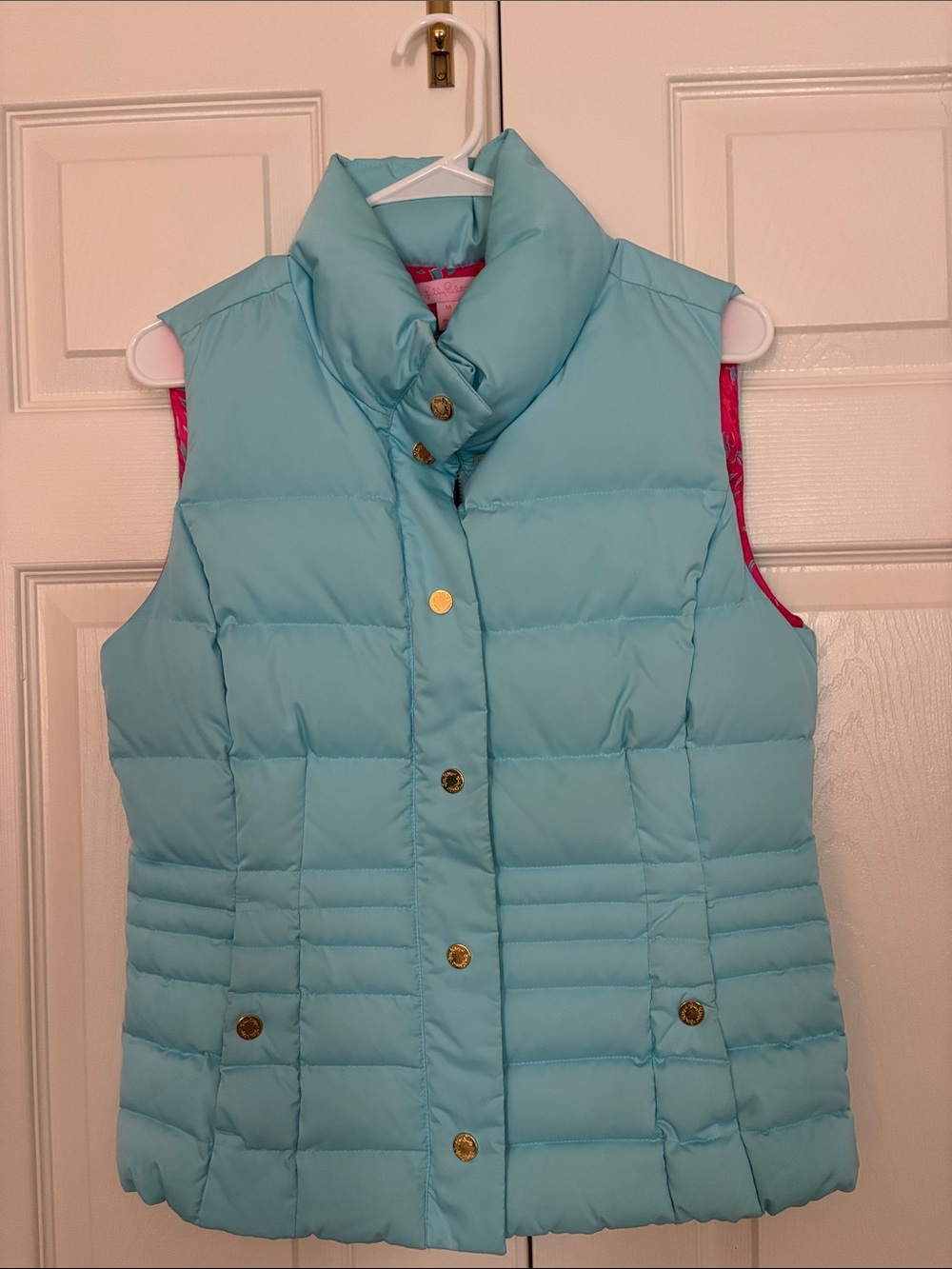Lilly Pulitzer Light Blue Quilted Puffer Vest with Gold Buttons